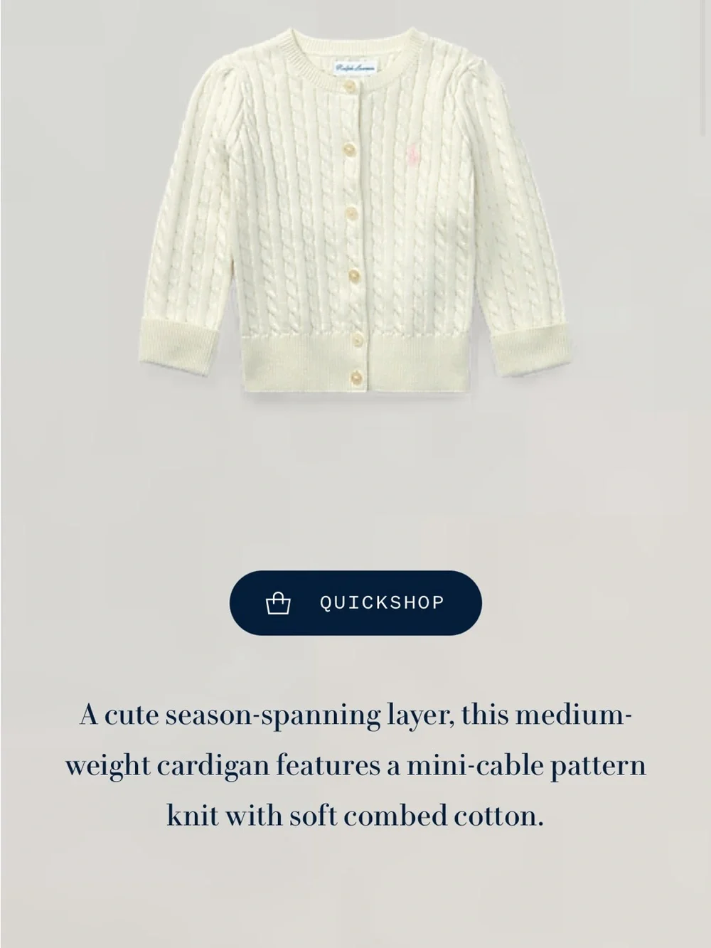 Ralph Lauren Cream Cable-Knit Baby Girl Cardigan with Pink Pony